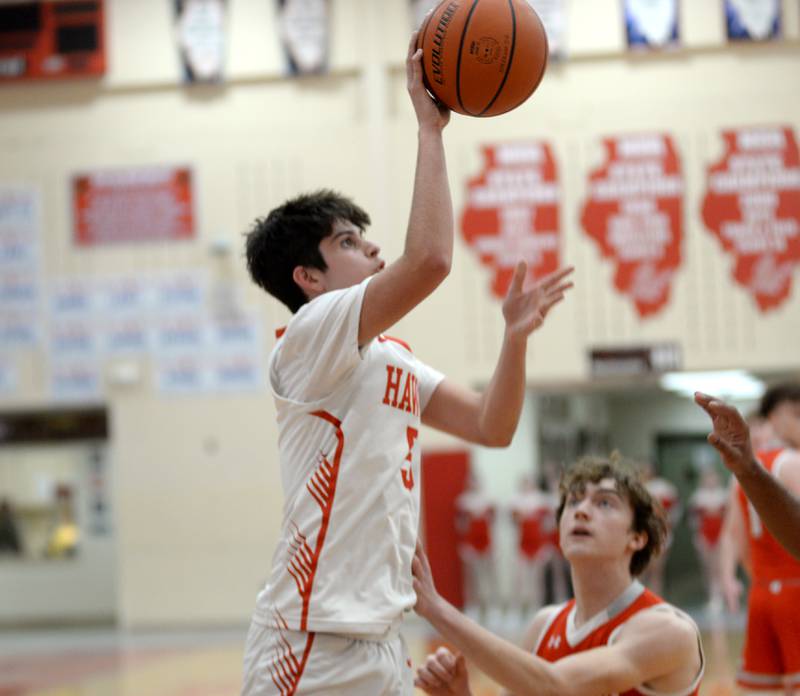 Oregon's Nole Campos 95) shoots against Morrison during 2A regional action on Monday, Feb. 19, 2024 at the Blackhawk Center in Oregon. The Mustangs downed the Hawks 59-52 to advance to the Prophetstown Regional on Wednesday, Feb. 21.