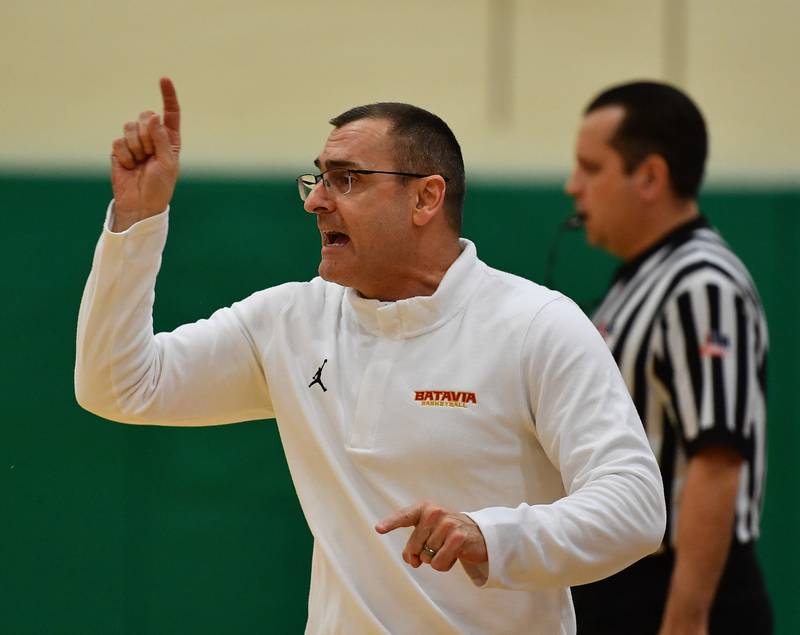 Batavia head boys basketball coach Jim Nazos reacts to action during a Jack Tosh Classic game against Downers Grove South on Dec. 26, 2023 at York High School in Elmhurst.