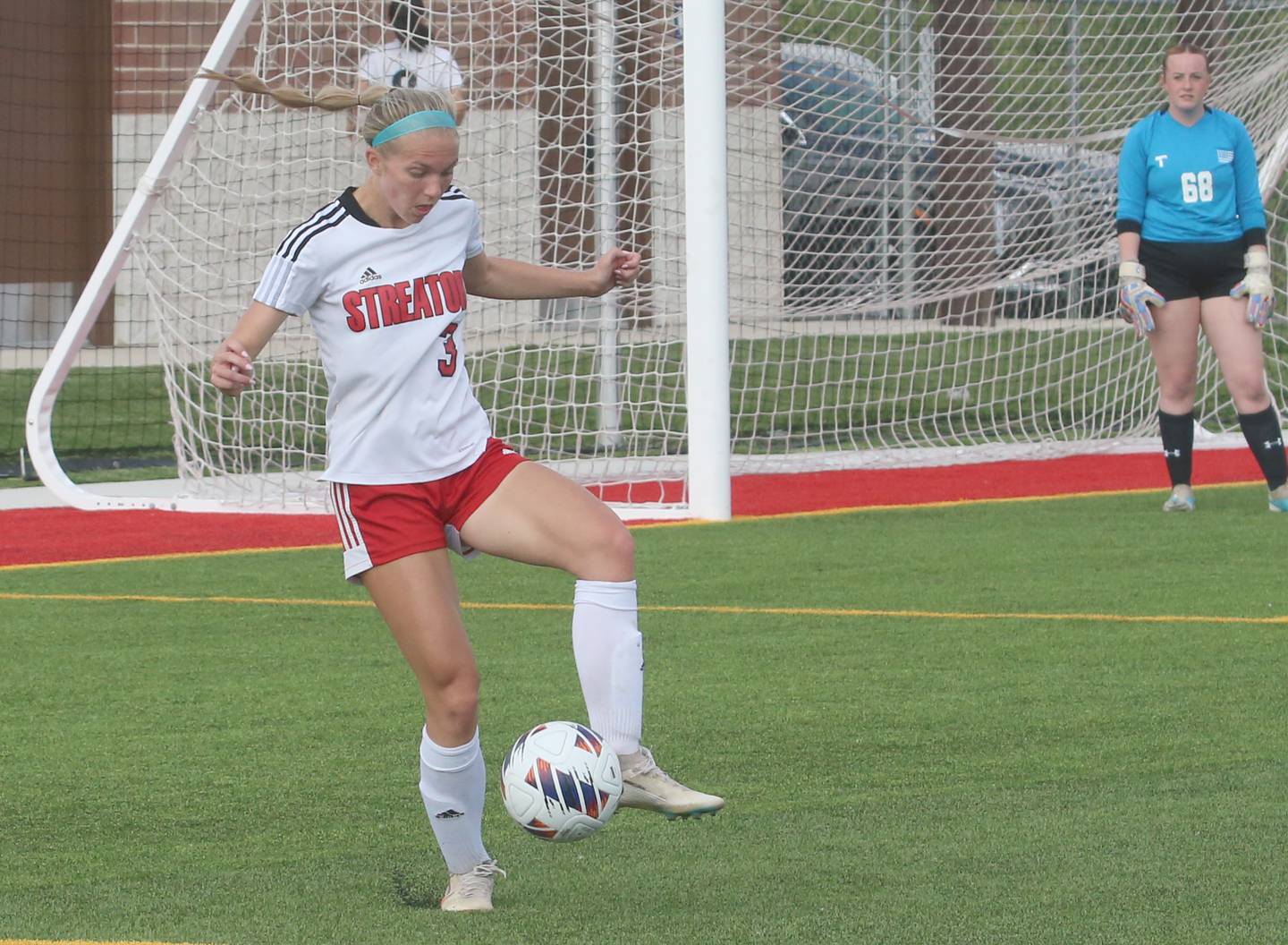 Streator's Joey Puetz kicks the ball out of the box area against Morton during the Class 2A Regional semifinal game on Wednesday, May 15, 2024 at the L-P Athletic Complex in La Salle.