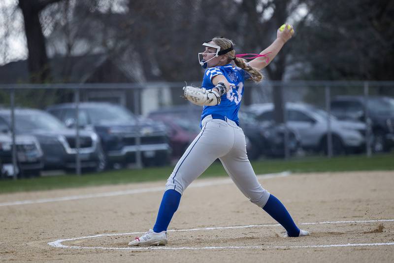 Newman’s Jess Johns fires a pitch against Dixon Thursday, April 11, 2024 at Reynolds Field in Dixon.