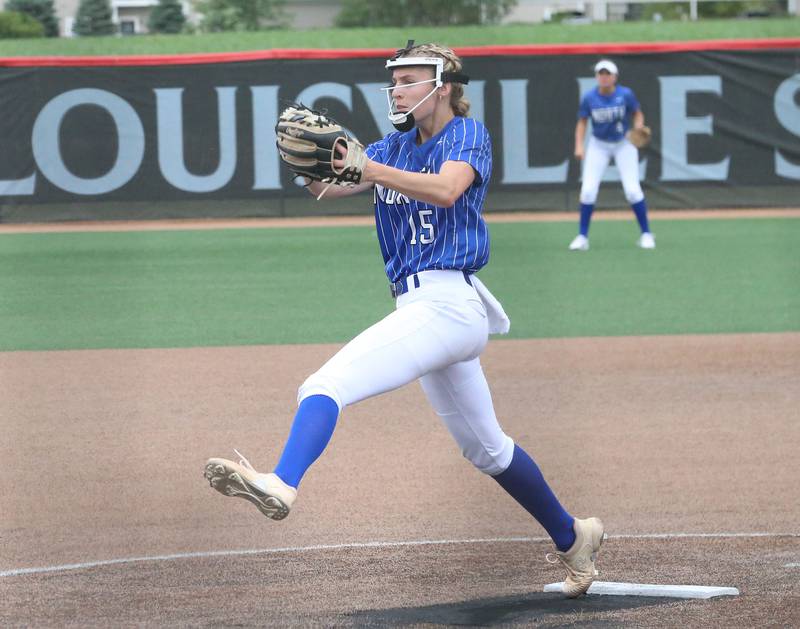 St. Charles North pitcher Paige Murray fires a throw to Oswego during the Class 4A semifinal game on Friday, June 7, 2024 at the Louisville Slugger Sports Complex in Peoria.