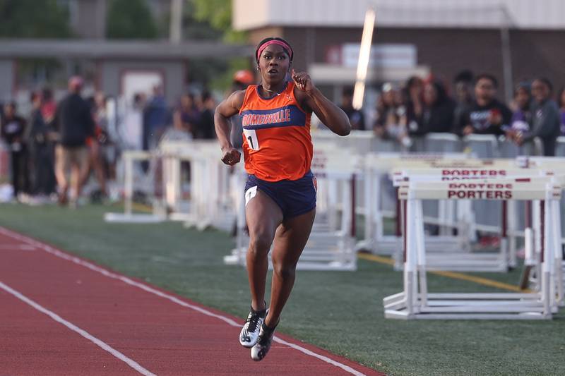 Romeoville's Tania Miller took first in the 100-meter dash at the Class 3A Lockport Sectional on Friday in Lockport.