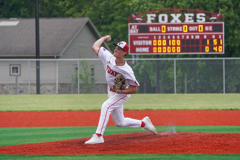 Yorkville's Jackson Roberts (13) delivers a pitch against Plainfield North during a baseball game at Yorkville High School in Yorkville on Thursday, May 16, 2024.