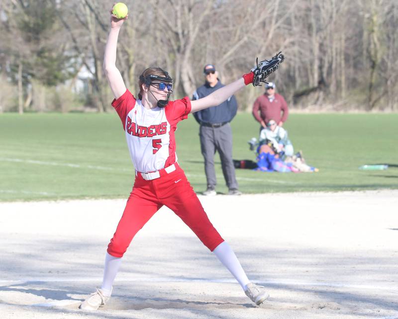 Earlville pitcher Bailey Miller lets go of a pitch to Somonauk on Friday, April 12, 2024 at Earlville High School.