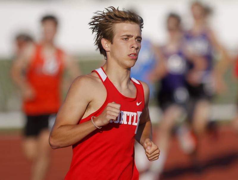 Huntley’s Tommy Nitz cruises to a first place finish in the 300 meter run during the Huntley IHSA Class 3A Boys Sectional Track and Field Meet on Wednesday, May 15, 2024, at Huntley High School.