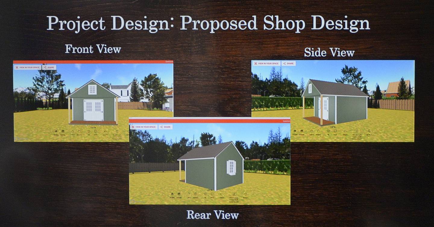 One of the portable retail stalls to be opened next year at the Market on Mill, Utica's proposed outdoor retail plaza, shown a meeting of the Utica Village Board on Wednesday, Nov. 15, 2023. Each stall will be 12 feet square with a 4-foot porch.