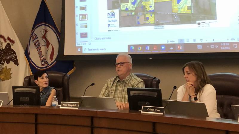 St. Charles Plan Commission member Laurel Moad, Chair Peter Vargulich and Colleen Wiese at the Sept. 4, 2024, meeting at City Hall.