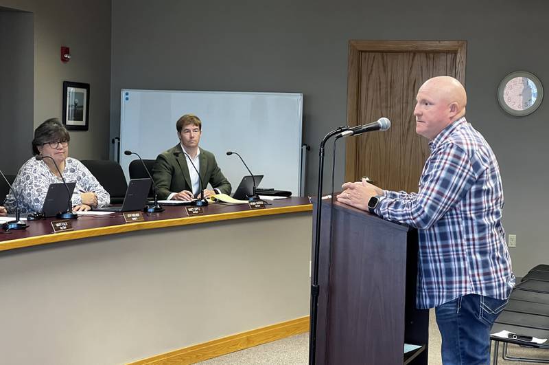 Third Ward Sycamore alderperson Nancy Copple and 4th War alderperson Ben Bumpus listen on Sept. 3, 2024, to housing developer Brian Grainger ask them to reconsider a request City Council denied in August.