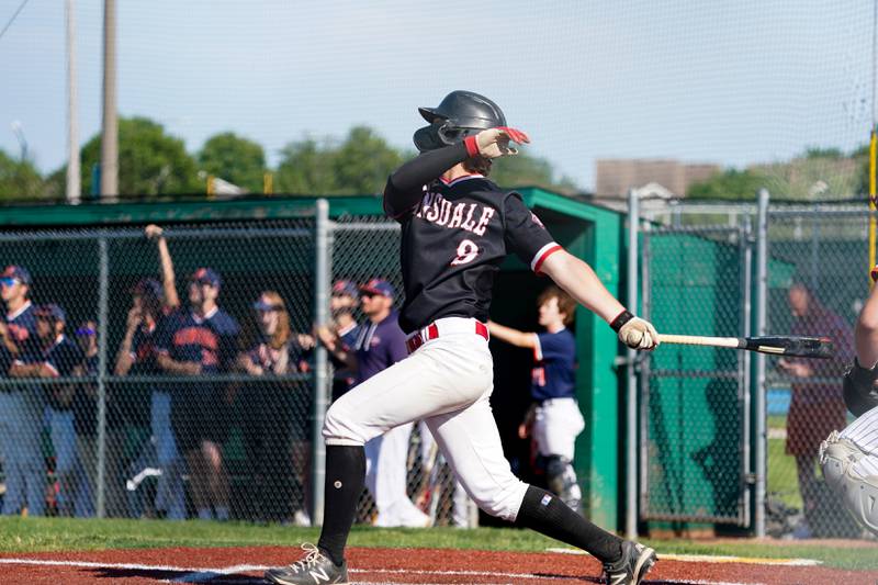 Hinsdale Central's Luke Jurack (9) hits a three run homer against Oswego during a Class 4A Waubonsie Valley Regional semifinal baseball game at Waubonsie Valley High School in Aurora on Wednesday, May 22, 2024.