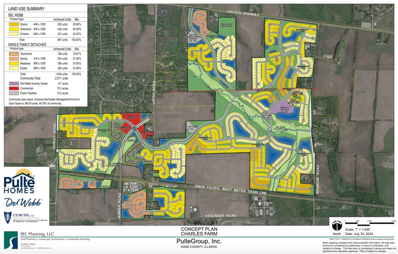 Concept plan for the proposed Charles Farm development in La Fox township in Kane County. Atlanta based developer Pulte Homes is seeking annexation into St. Charles, and plans are set to be reviewed by the city's Plan Commission on Sept. 4, 2024.