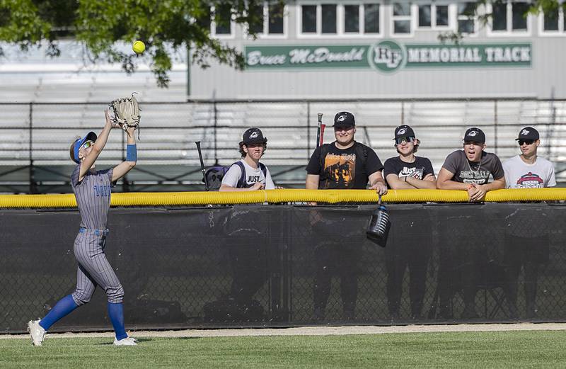 Princeton’s Caroline Kuetzer hauls in a deep fly ball against Rock Falls Wednesday, May 15, 2024 at the Class 2A regional softball semifinal.