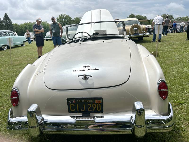 Tom VandeWettering (right) of Greenleaf, Wisconsin, talks about his 1952 Nash Healey he brought to the Nashional Car Show at the Stronghold Camp & Retreat Center on Saturday, June 29, 2024.