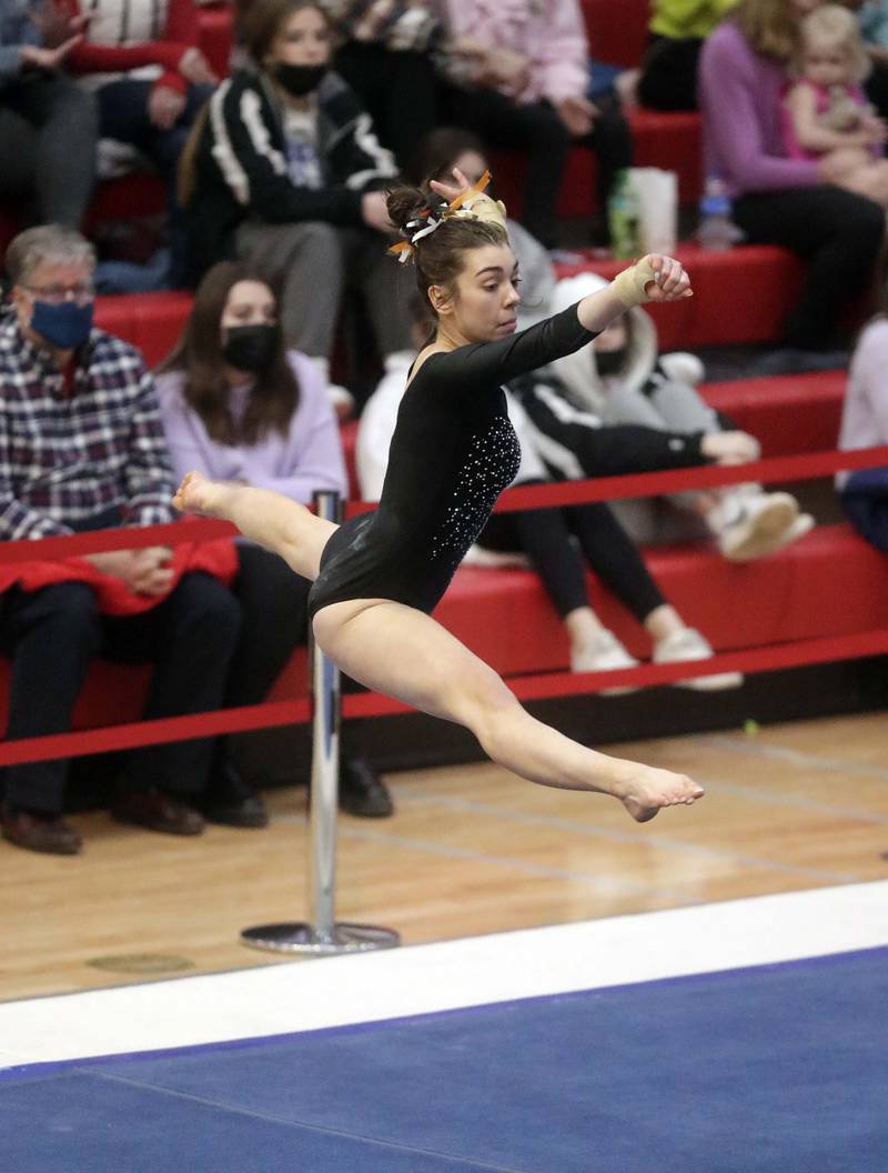 DeKalb’s Madeline Kees competes in the floor exercise during the IHSA Girls Gymnastics State Finals Saturday February 19, 2022 at Palatine High School.