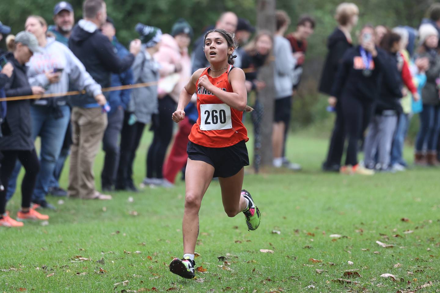 Minooka’s Maya Ledesma takes second in the Southwest Prairie Conference meet at Channahon Park in Channahon on Friday, Oct. 13, 2023.