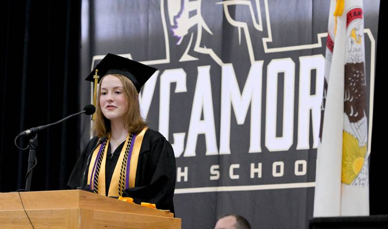 Lilly Faulhaber gives the student address during the 2024 Sycamore High School commencement in Sycamore on Sunday, May 26, 2024.