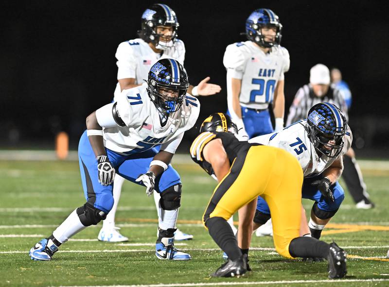 Lincoln Way East's tackle Mason Halliman  in action during a non-conference game against Andrew on Friday, Oct. 18, 2024, at Tinley Park. (Dean Reid for Shaw Local News)