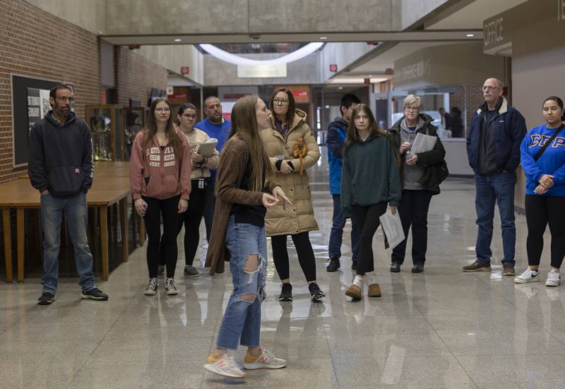 SVCC student ambassador Morgan Leslie leads a group of potential Sauk Valley Community College students and their parents on a tour Monday, Feb. 19, 2024. Families were invited to attend a short session at the school to learn about what Sauk Valley Community College has to offer.