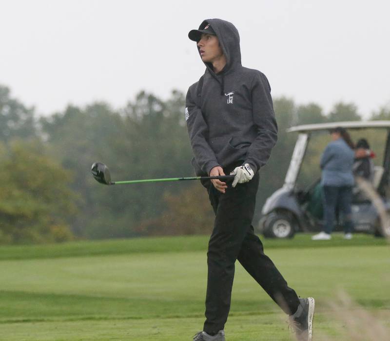 Putnam County's Logan Keesee tees off during the Class 1A Regional on Wednesday, Sept. 27, 2023 at Wolf Creek Golf Club in Pontiac.