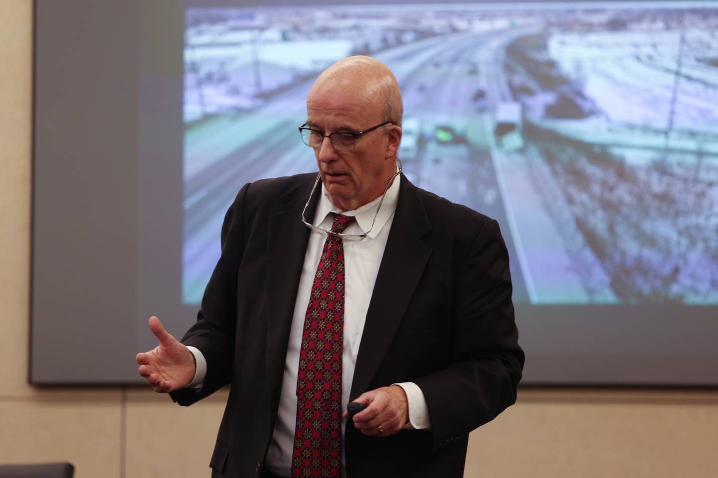 Special Prosecutor William Elward uses a slide show for his opening statement at the Erin Zilka trial at the Will County Courthouse on June 27th, 2023 in Joliet. The former Joliet police officer Erin Zilka is on trial on aggravated DUI charges following a deadly 2020 crash where her passenger, Berwyn police officer Charles Schauer, 33, of Glen Ellyn, was killed.