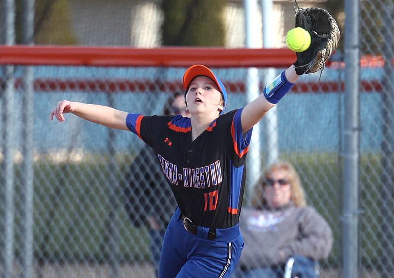 Genoa-Kingson's Lillian Provost has to come off the base to catch a bad throw during their game against Oregon Tuesday, April 9, 2024, at Genoa-Kingston High School.