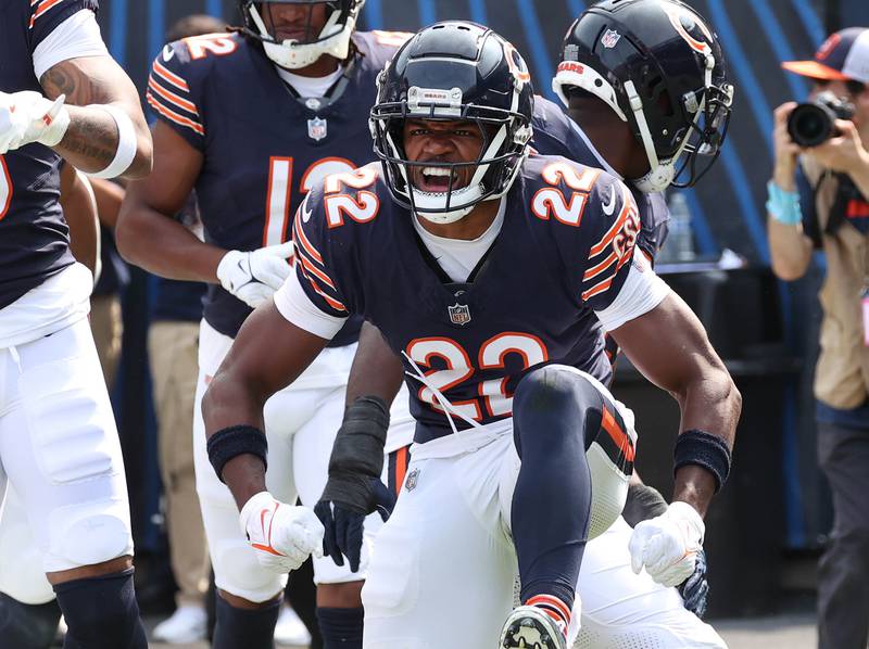 Chicago Bears safety Elijah Hicks celebrates after blocking a Tennessee Titans punt that resulted in a touchdown during their game Sunday, Sept. 8, 2024, at Soldier Field in Chicago.