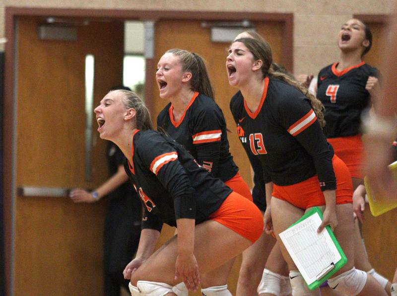 Crystal Lake Central’s Tigers celebrate during their win at Huntley iin a Fox Valley Conference volleyball match on Tuesday, Aug. 27, 2024, at Huntley High School.