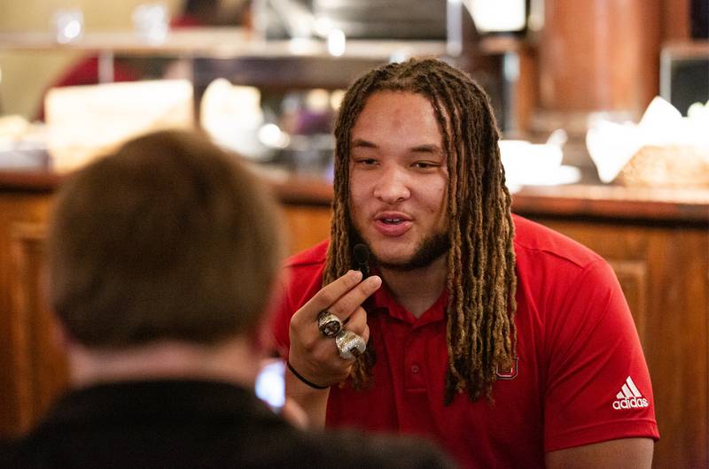 NIU lineman Devontae O'Malley speaks at NIU Chicago Media Day on Tuesday, July 23, 2024