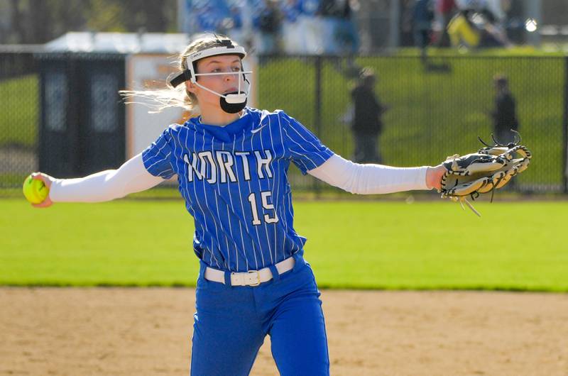 St. Charles North's Paige Murray (15) pitches against Lake Park in St. Charles during a 2023 game.