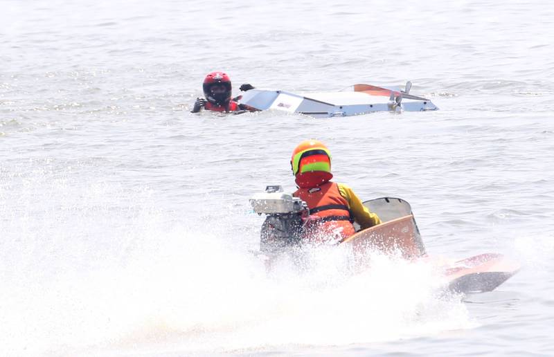 Nick Hooten of Babson Park Fla. flips his boat during the last heat of the OSY-400 Hydro in the US Title Series Pro National Championship Boat Races on Friday, July 26, 2024 at Lake DePue.