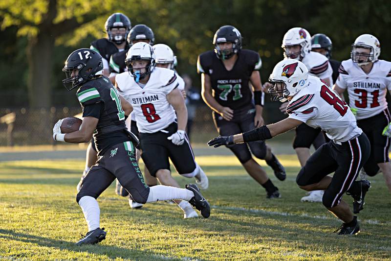 Rock Falls’ Austin Castaneda is overthrown in a game against Stillman Valley Thursday, August 31, 2023 at Rock Falls High School.