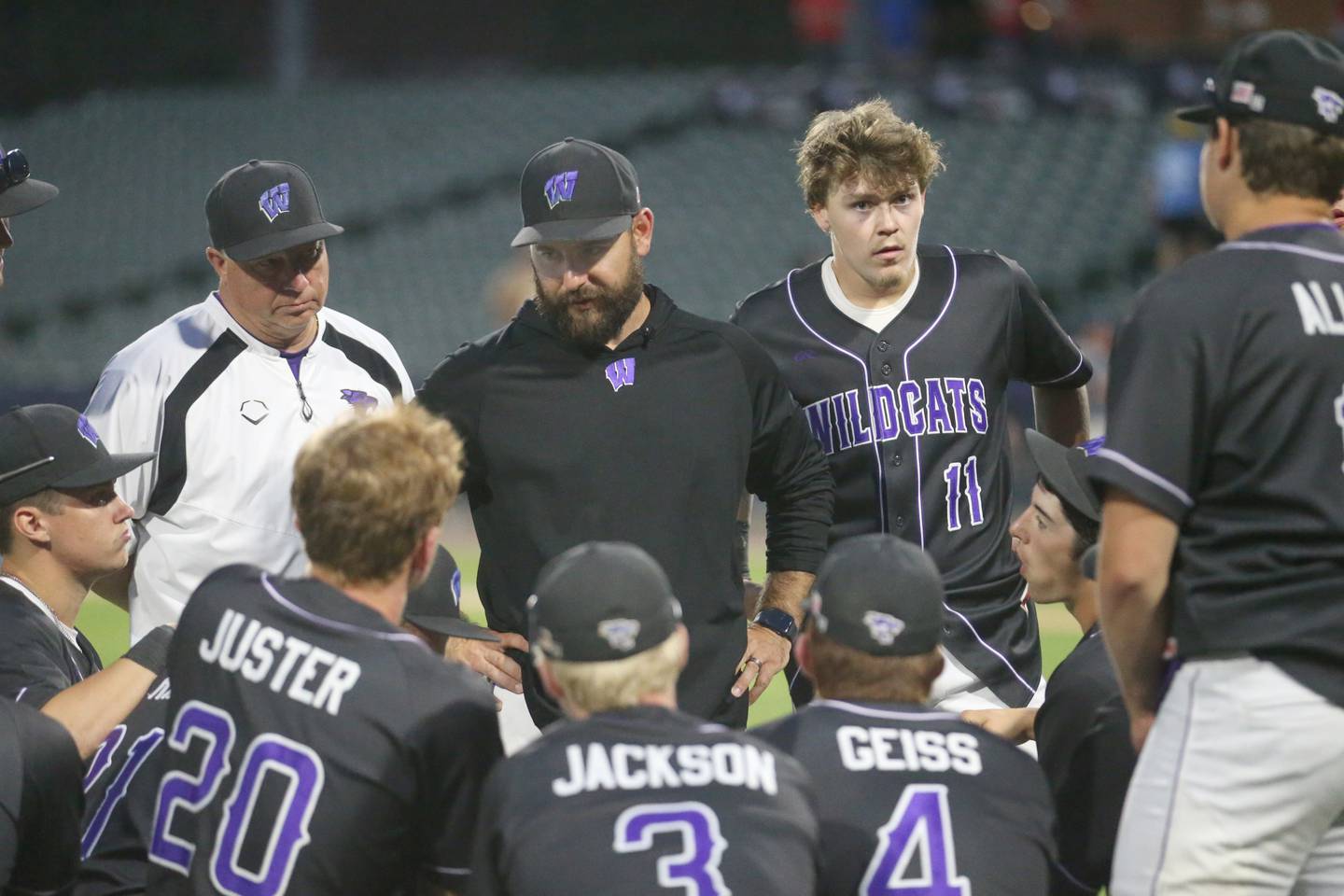 Wilmington head baseball coach Mike Bushnell talks to his team after loosing to St. Anthony during the Class 2A semifinal game on Friday, May 31, 2024 at Dozer Park in Peoria.