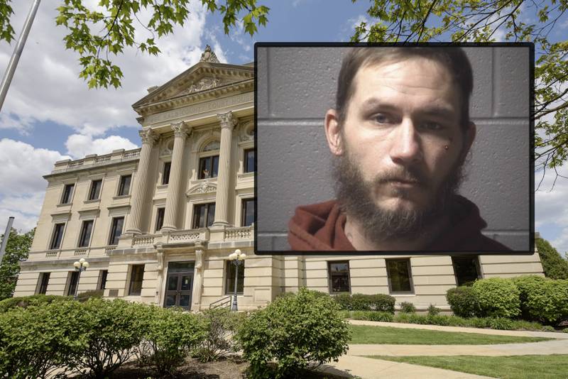 Steven S. Frangoules, 32, of Earlville, charged with home invasion and aggravated domestic battery in a violent attack on a woman in Shabbona April 15, 2024. (Inset photo provided by DeKalb County Jail)