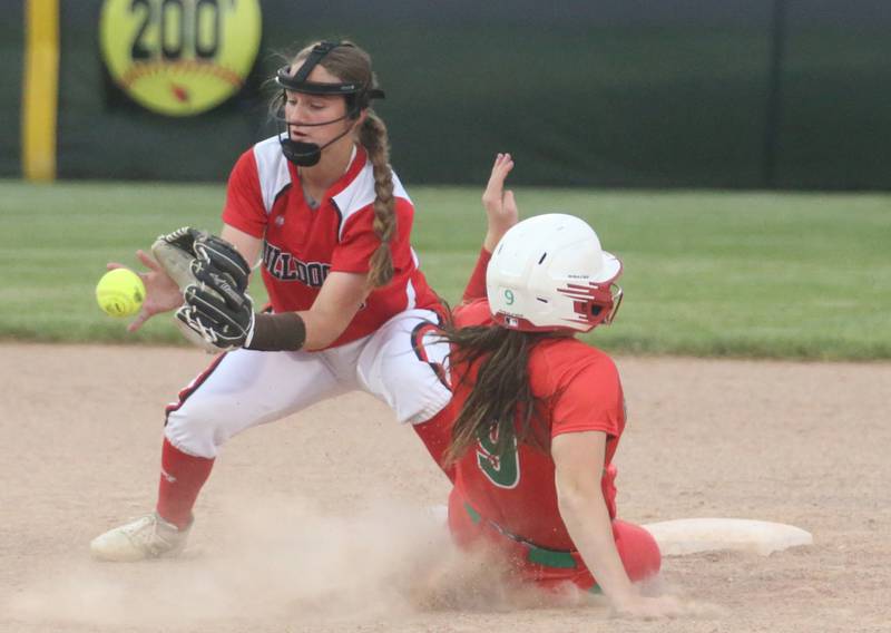 L-P's Allie Thome slides safely into second base as Streator's Caitlin Talty catches the late throw during the Class 3A Regional semifinal game on Tuesday, May 21, 2024 at Metamora High School.