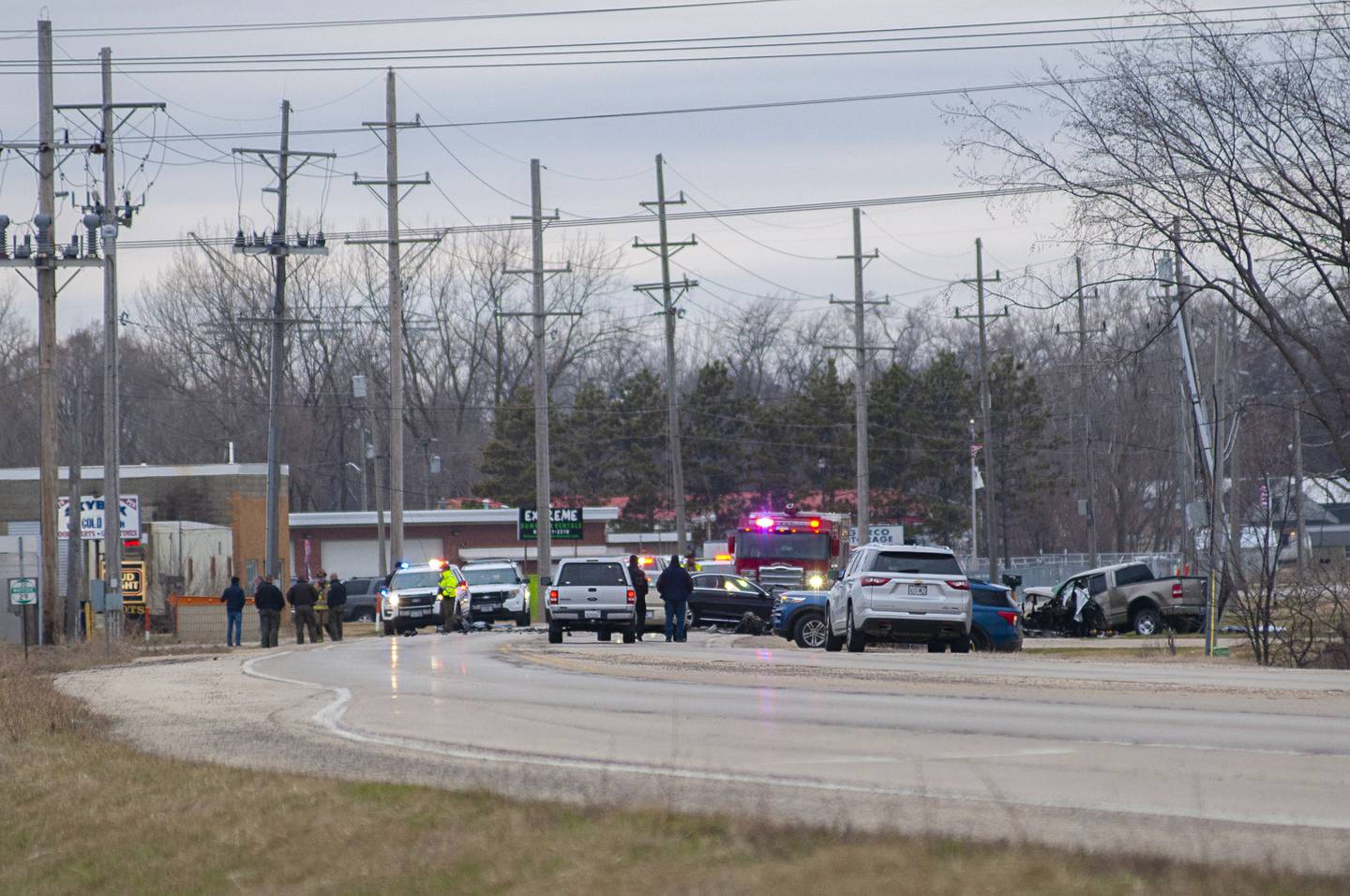 Police and fire work at the scene of an accident Tuesday, March 29, 2022 on east Route 30 in Rock Falls. The driver of a pickup, Bruce D. O’Neal, 61, of Rock Falls, was killed when the driver of a Mercedes, Nazier T. Pryor, 19, of Chicago, was attempting to pass another vehicle and collided with his truck.  Pryor died later on Tuesday, police said.