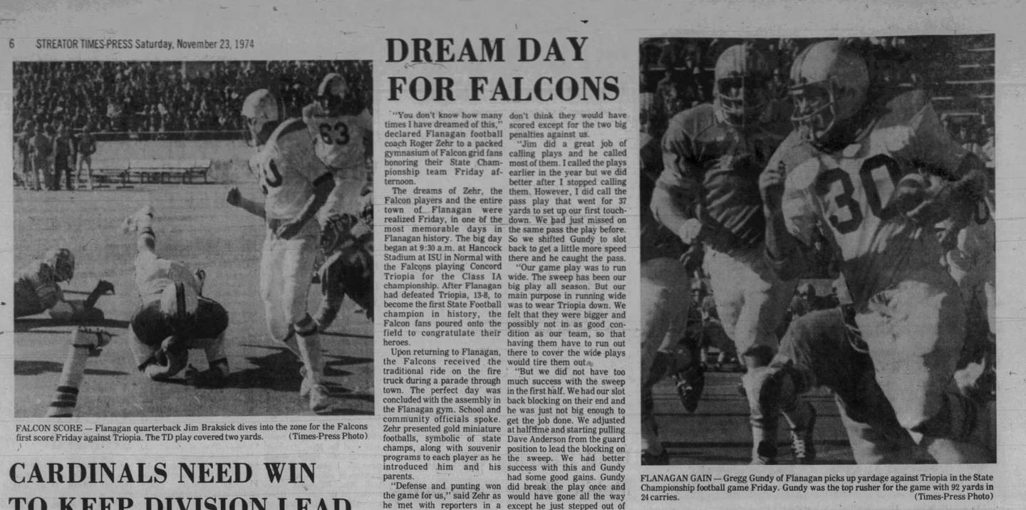 A story and photos from the Nov. 22, 1974 issue of the Streator Daily Times-Press following the Flanagan High School football team's Class 1A state football championship.