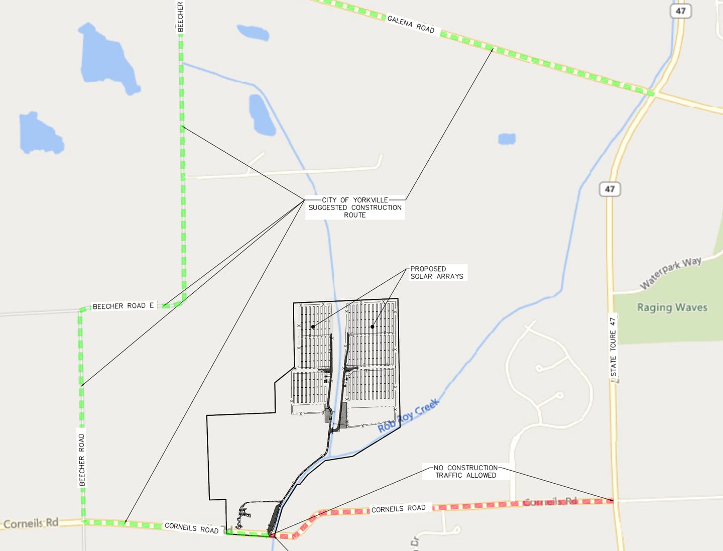 Site map for the proposed Corneils Road Solar, LLC, a community solar farm just north of Yorkville city limits.