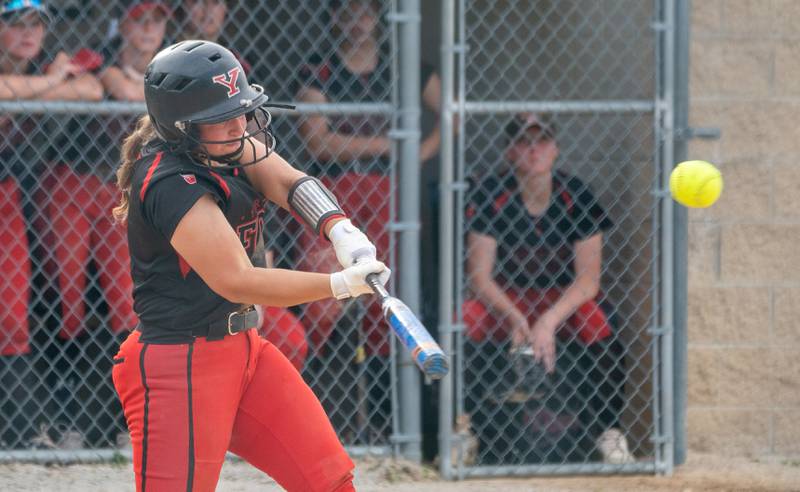 Yorkville's Avery Nehring (9) singles against West Aurora during the Class 4A Yorkville Sectional semifinal at Yorkville High School on Tuesday, May 31, 2022.