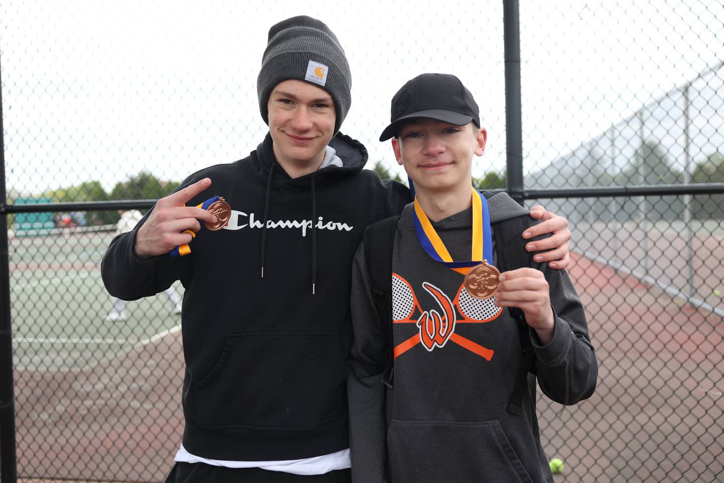 Lincoln-Way West’s Joey Wakefield and Donavan Ring pose with their medals at the Steelmen Invite on Saturday, April 20, 2024, in Joliet.