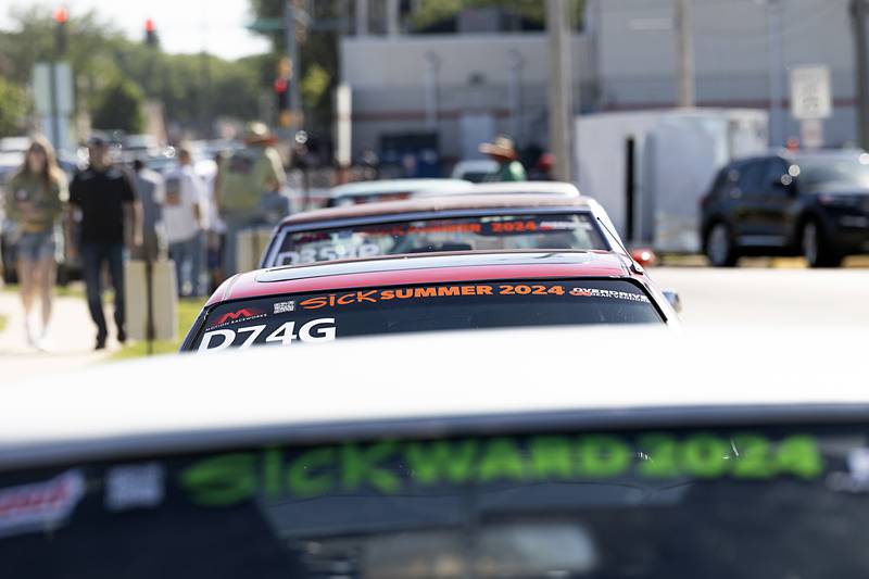 Racers line up along Second Street in Rock Falls on Monday, June 10, 2024. The dragsters stopped in Rock Falls as part of their tour with Sick the Magazine’s Sick Summer tour.