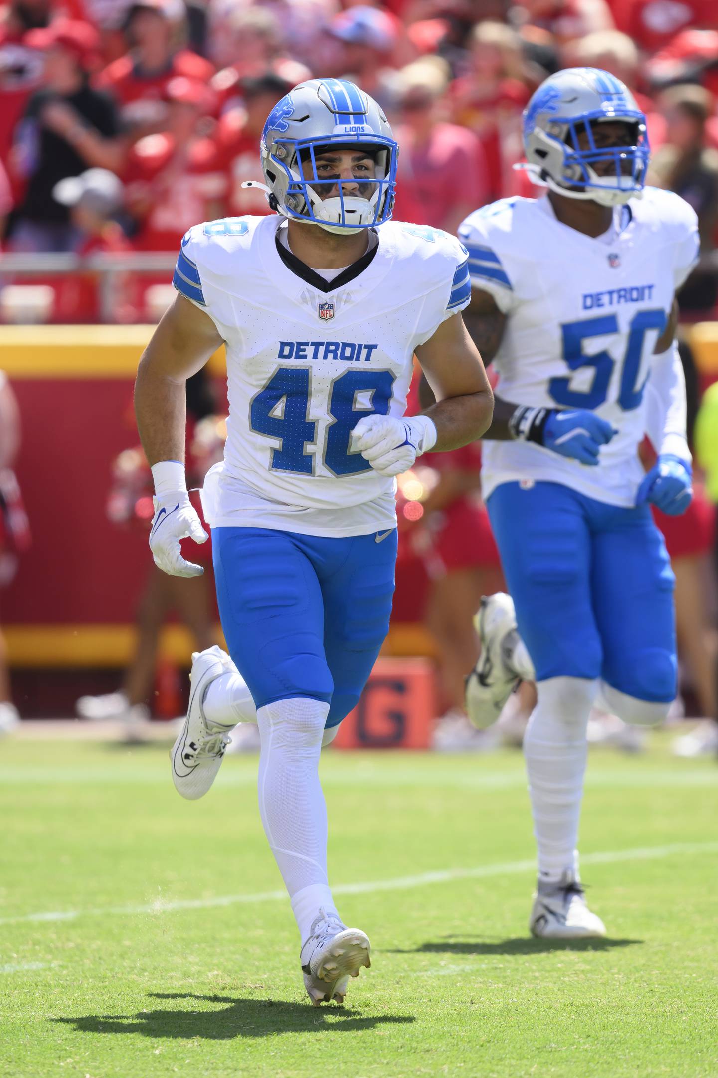 Detroit Lions safety Loren Strickland (48) comes onto the field before an NFL football game against the Kansas City Chiefs, Saturday, Aug. 17, 2024 in Kansas City, Mo. (AP Photo/Reed Hoffmann)