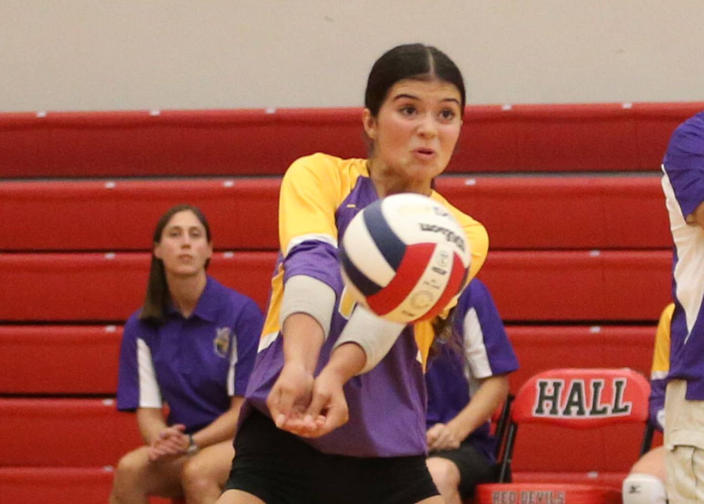 Mendota's Ella Coss returns a serve from Hall on Tuesday, Sept. 13, 2024 at Hall High School.