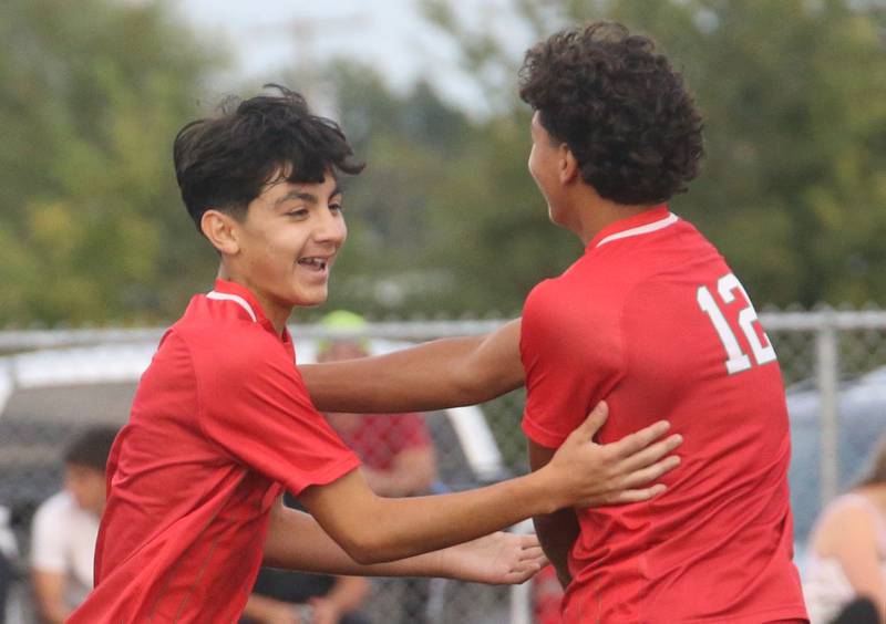 L-P's Adrian Gonzalez celebrates with teammate Adan Pantoja after scoring a goal against Ottawa on Wednesday, Sept. 18, 2024 at the L-P Athletic Complex in La Salle.