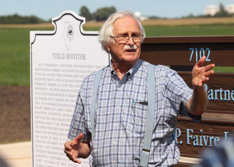 Steve Faivre, one of the creators of the yield monitor, speaks Tuesday, Sept. 10, 2024, during the dedication, hosted by the DeKalb Area Agricultural Heritage Association, for the new historical marker at the Faivre farm in DeKalb. The marker celebrates the creation yield monitor, an important innovation in farming.