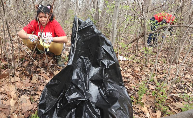 Northern Illinois University freshman Angie Tobal Fernandez and sophomore Joseph Richards, both from Crete, and members of NIU Cares, picks up garbage Friday, April 29, 2022, on campus near the West Lagoon. NIU Cares, with the help of the Trash Squirrels, was hosting a community cleanup event, going to several locations in DeKalb to pick up litter.