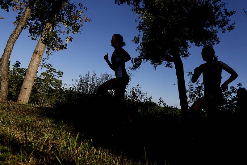 Competitors in the girls race run up the sledding hill while competing in the McHenry County Cross Country Invite on Saturday, August 31, 2024, at McHenry Township Park in Johnsburg.