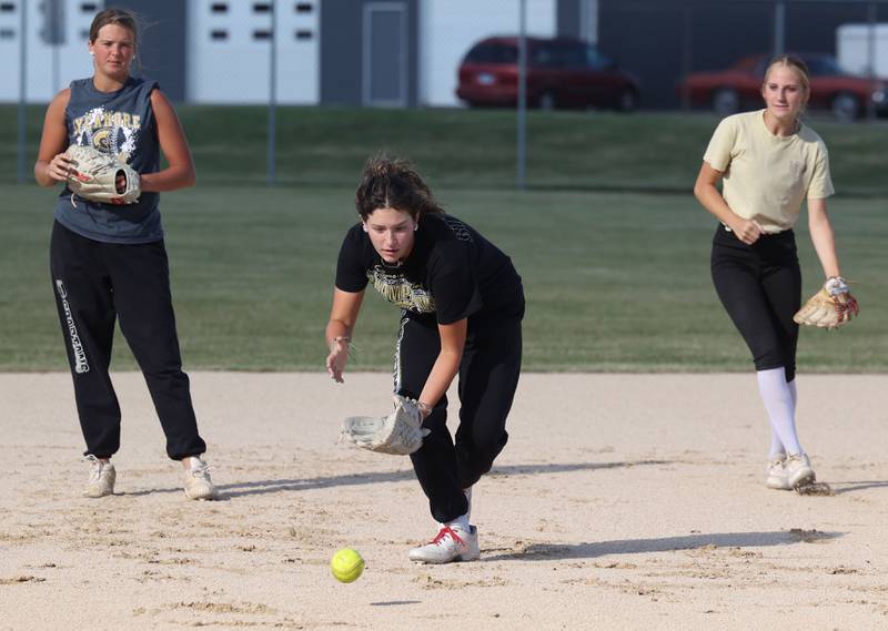 Kaitlyn Williams, a Kishwaukee Valley Storm 17u and Sycamore High School softball player, takes ground balls Wednesday, June 26, 2024, during 17u practice at the Sycamore Community Sports Complex. The team is preparing for this weekend’s Storm Dayz softball tournament at the complex which draws dozens of teams from throughout the area.