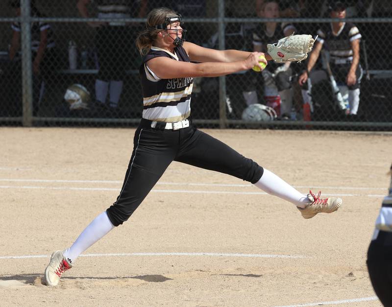 Sycamore's Addison Dierschow delivers a pitch during their Class 3A sectional final against Prairie Ridge Friday, May 31, 2024, at Sycamore High School.