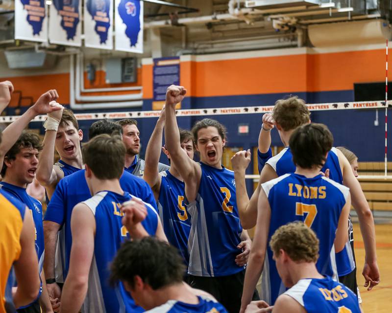 Lyons gets hyped coming out of a timeout during Oswego Sectional final between Downers Grove North at Lyons.  May 30, 2023.