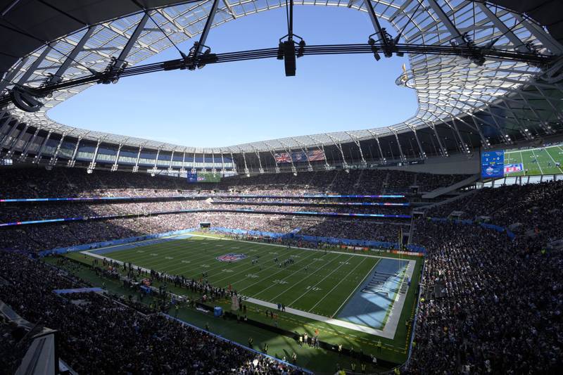 A general, overall, interior view during an NFL football game between the Tennessee Titans and the Baltimore Ravens at Tottenham Hotspur Stadium in London, Sunday, Oct. 15, 2023. The Baltimore Ravens defeated the Tennessee Titans 24-16. (AP Photo/Steve Luciano)