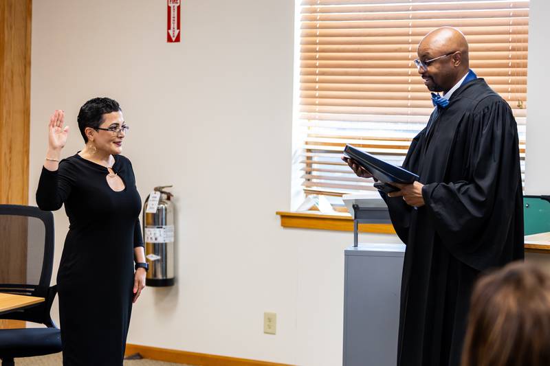 Alicia Morales gets sworn in as Joliet Township Supervisor by Judge Vincent Cornelius during the special board meeting on July 16, 2024.